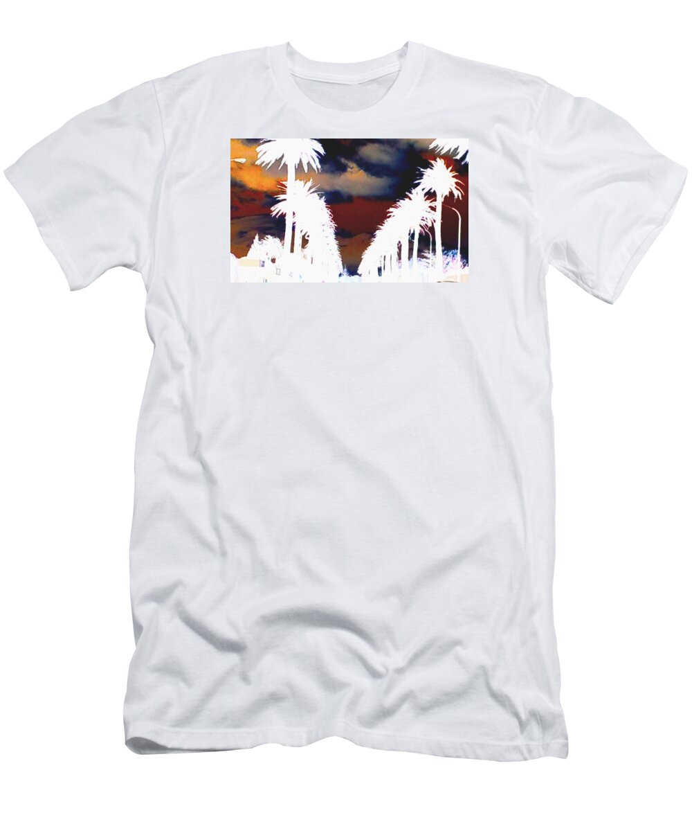 Los Angeles Usa Palm Tree Street Sky Abstract Dark Blue Red Black White Yellow Brown White Burgundy Mustard Silhouette Color Colour Mood Aaa lack & White Contrast T-Shirt featuring the photograph Moody Blues by Linda Hollis