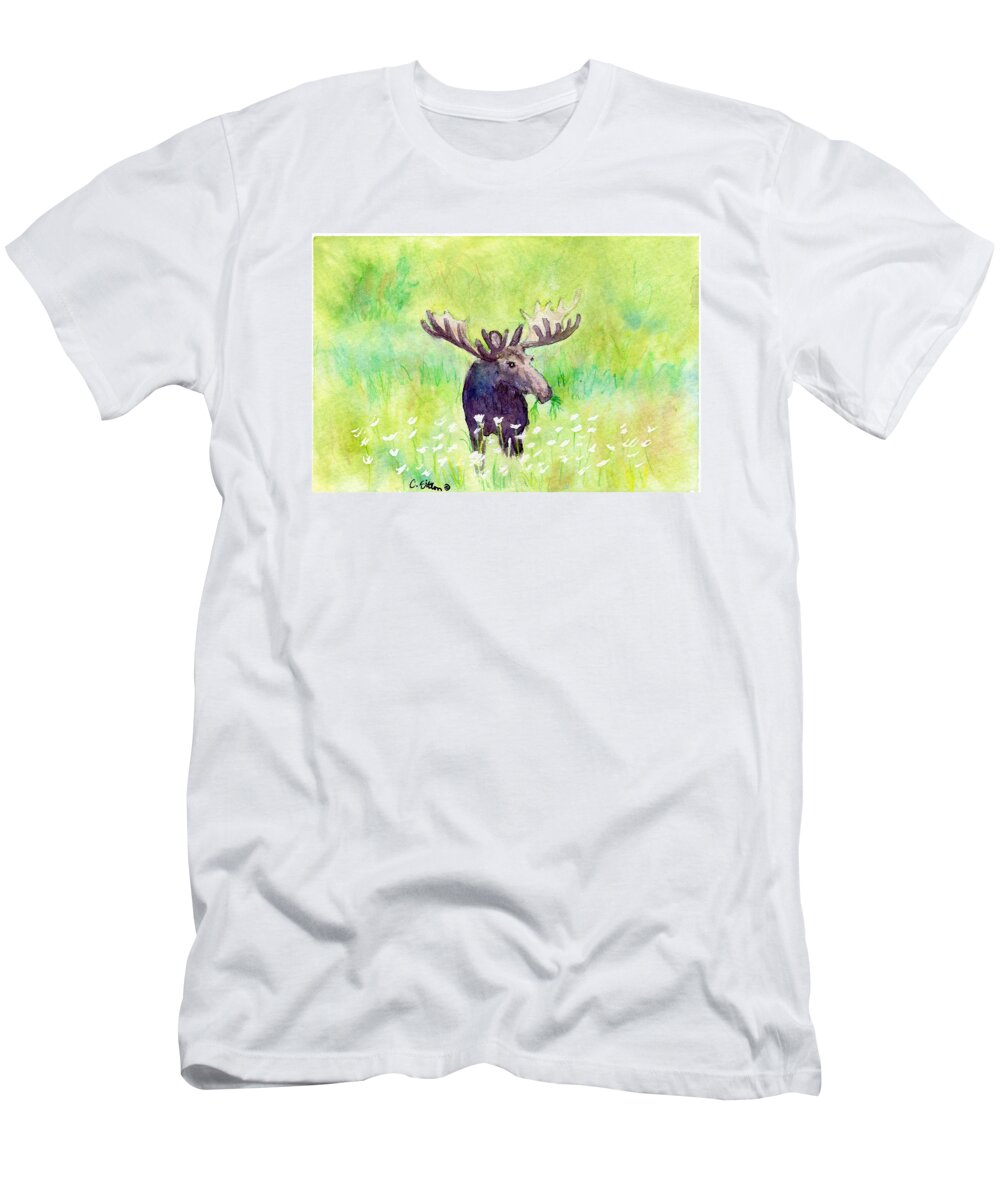 C Sitton Painting Paintings T-Shirt featuring the painting Moose in Flowers by C Sitton