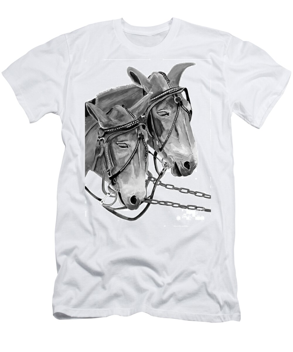 Mules T-Shirt featuring the painting Mules - Beast of Burden - B and W by Jan Dappen