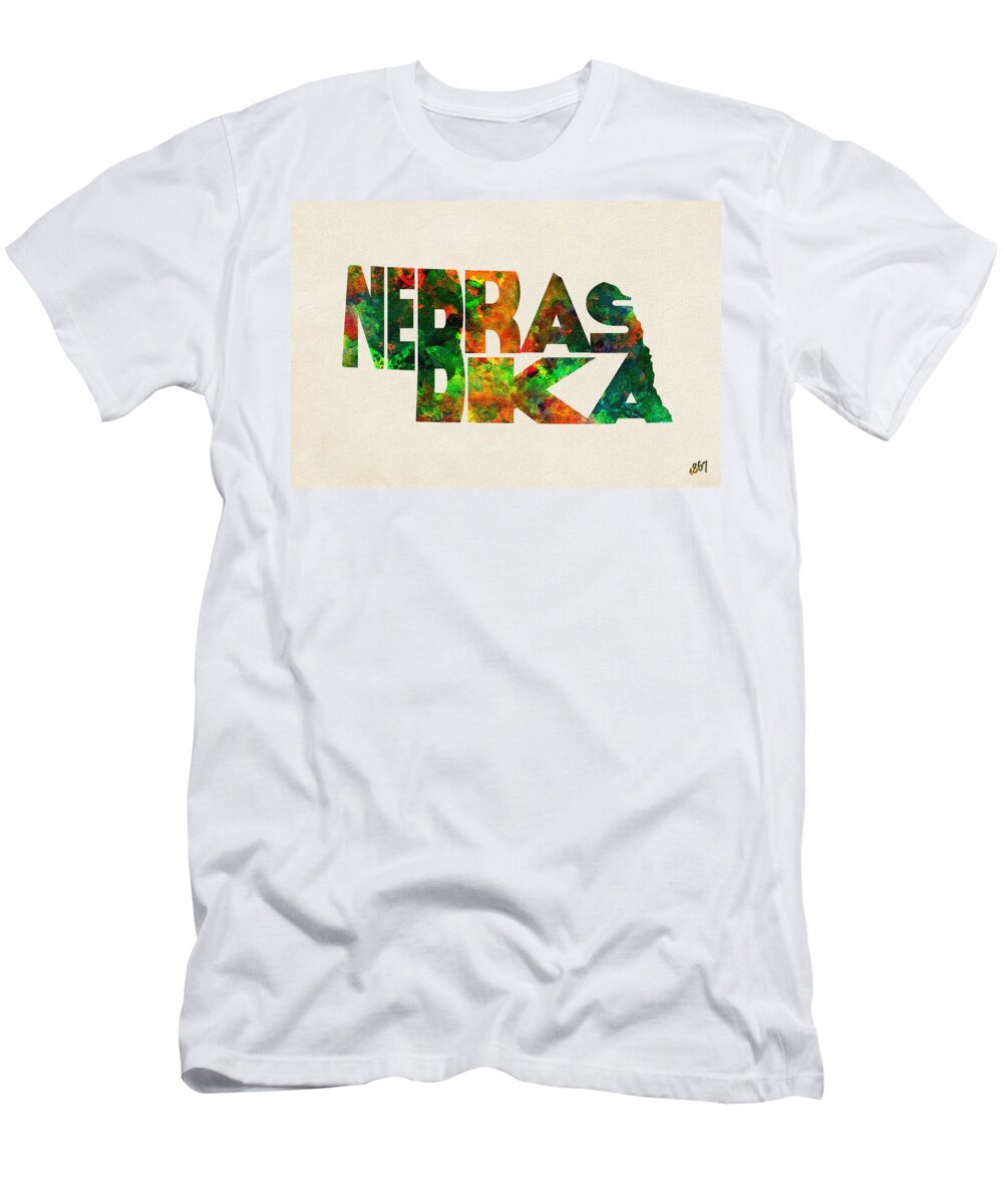 Nebraska T-Shirt featuring the digital art Nebraska Typographic Watercolor Map by Inspirowl Design