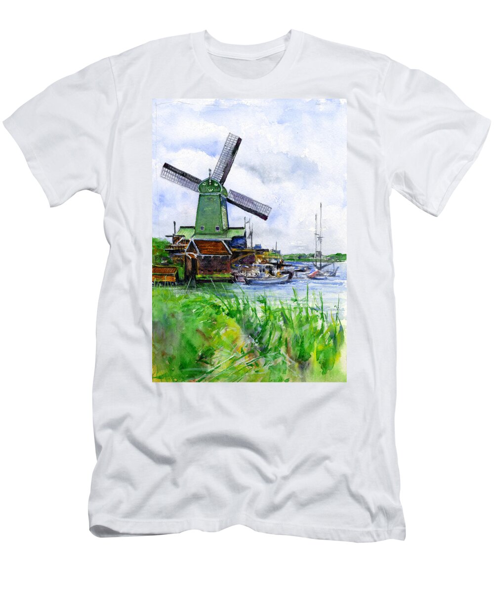 Windmill T-Shirt featuring the painting Netherlands Windmill by John D Benson