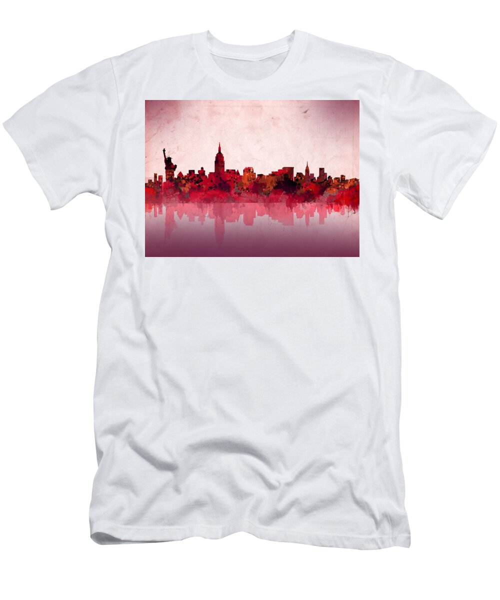New York T-Shirt featuring the painting New York Skyline Red by Bekim M