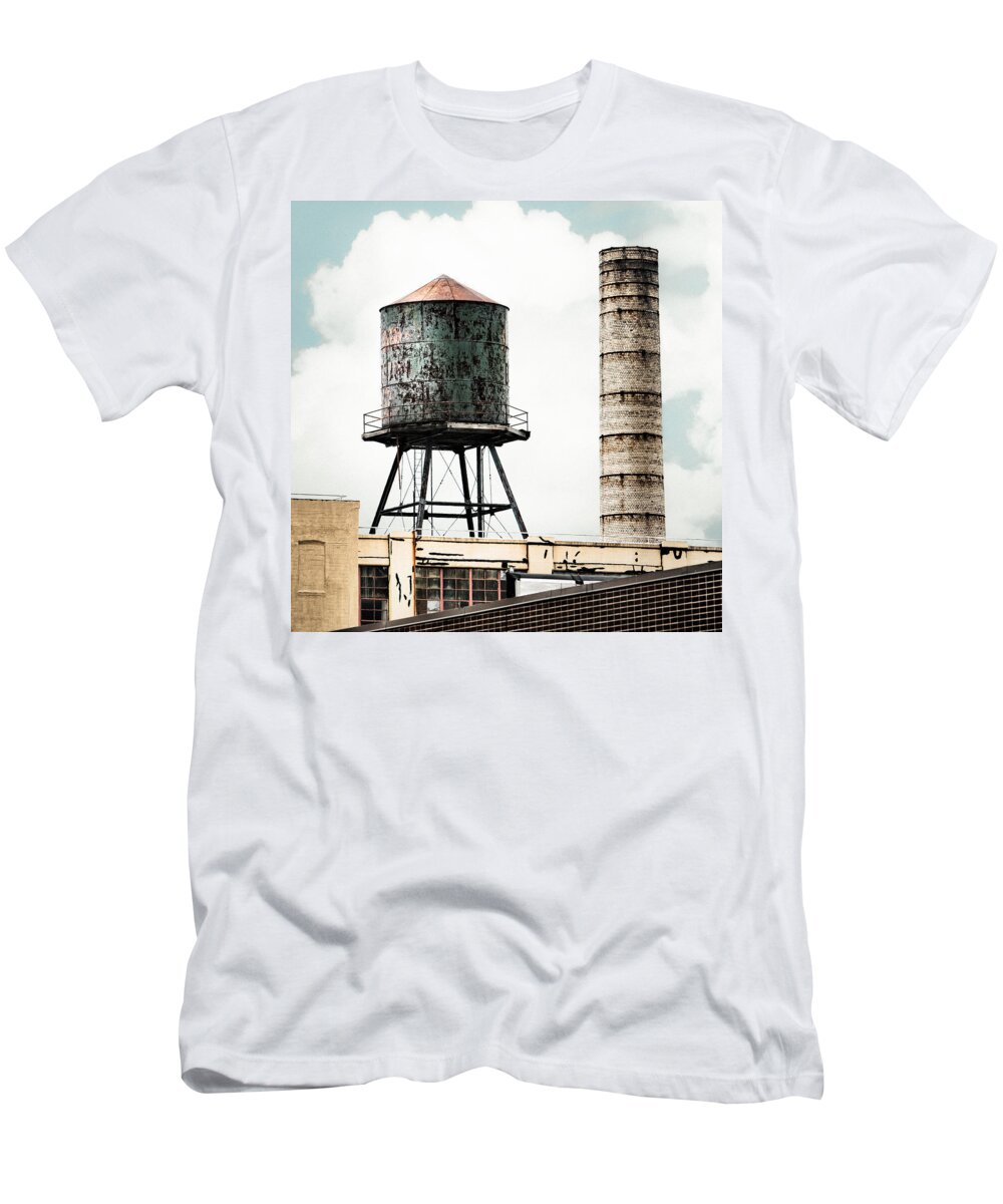 Water Towers T-Shirt featuring the photograph Water Tower and SmokeStack in Brooklyn New York - New York Water Tower 12 by Gary Heller