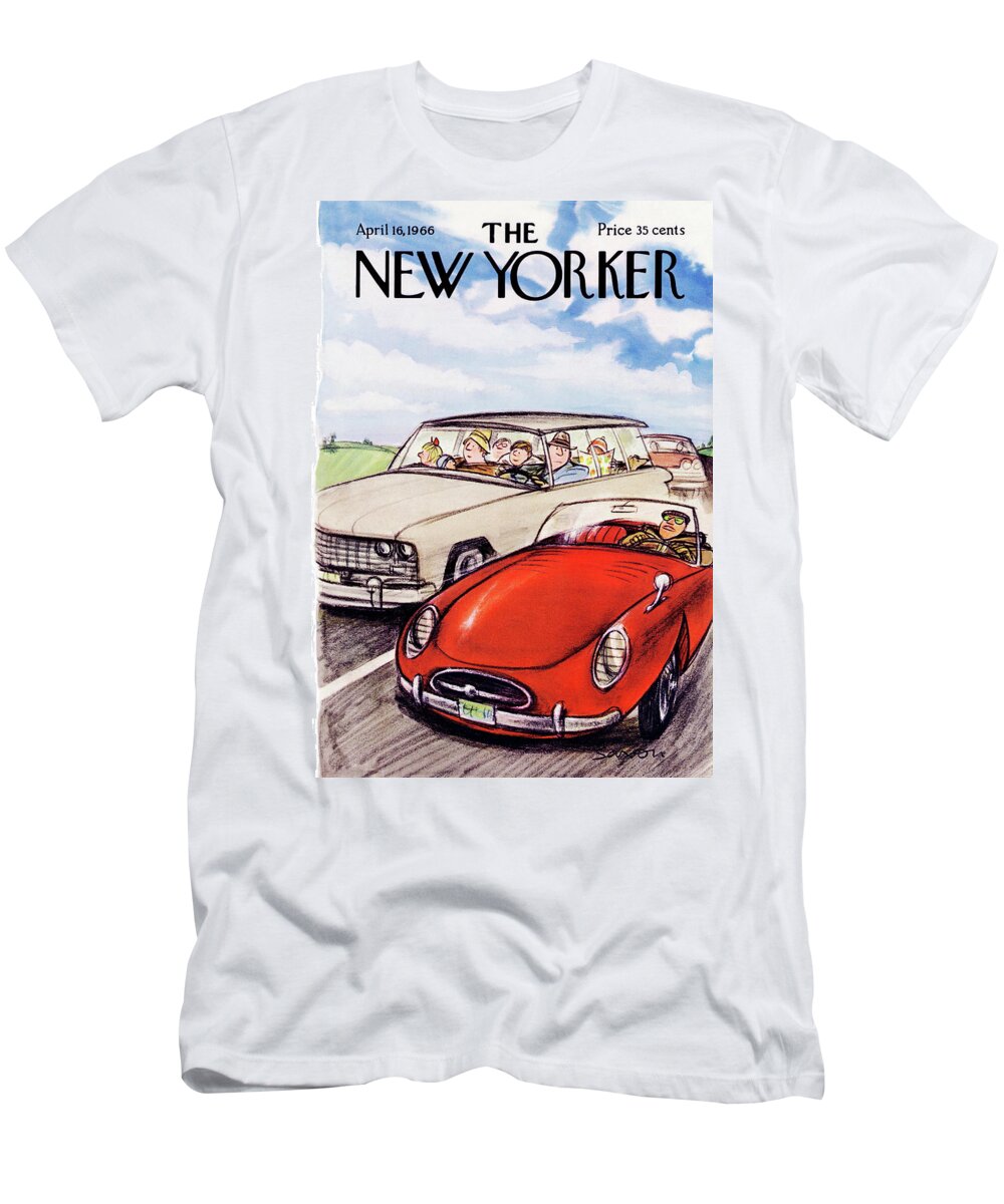 Car Cars Automobiles Drive Driving Vacation Family Hot Rod Convertible Vacation Rest Leisure Recreation Relaxation Travel Journey Trip Road Envy Jealousy Charles Saxon Csa Sumnerok Charles Saxon Csa Artkey 49894 T-Shirt featuring the painting New Yorker April 16th, 1966 by Charles Saxon