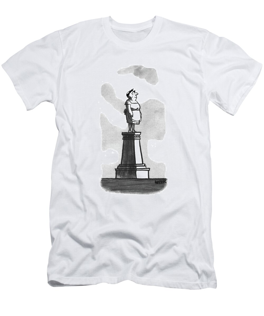 83811 Robert Weber. (mother In Apron Stands On A Pedestal.) Apron Award Day Mom Mother Mother's Mothers Pedestal Ridiculous Sculpture Silly Stands Statue Trophy Wife Woman T-Shirt featuring the drawing New Yorker April 22nd, 1967 by Robert Weber