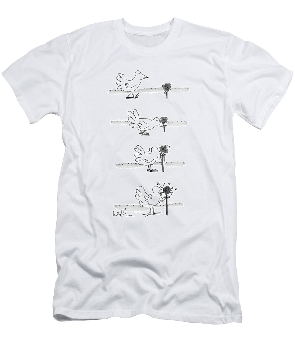 Bird Approaches Flower. Seems To Be Pulling It Out Of The Ground But Just Adjusts It And Sings Into It Like A Microphone. 
Animals Animal Pets Pet Nature Outdoors Environment Music Performance Musical Song Singing Sing Musician Musical Entertainment Bird Birds 70939 Ale Arnie Levin T-Shirt featuring the drawing New Yorker August 29th, 1977 by Arnie Levin