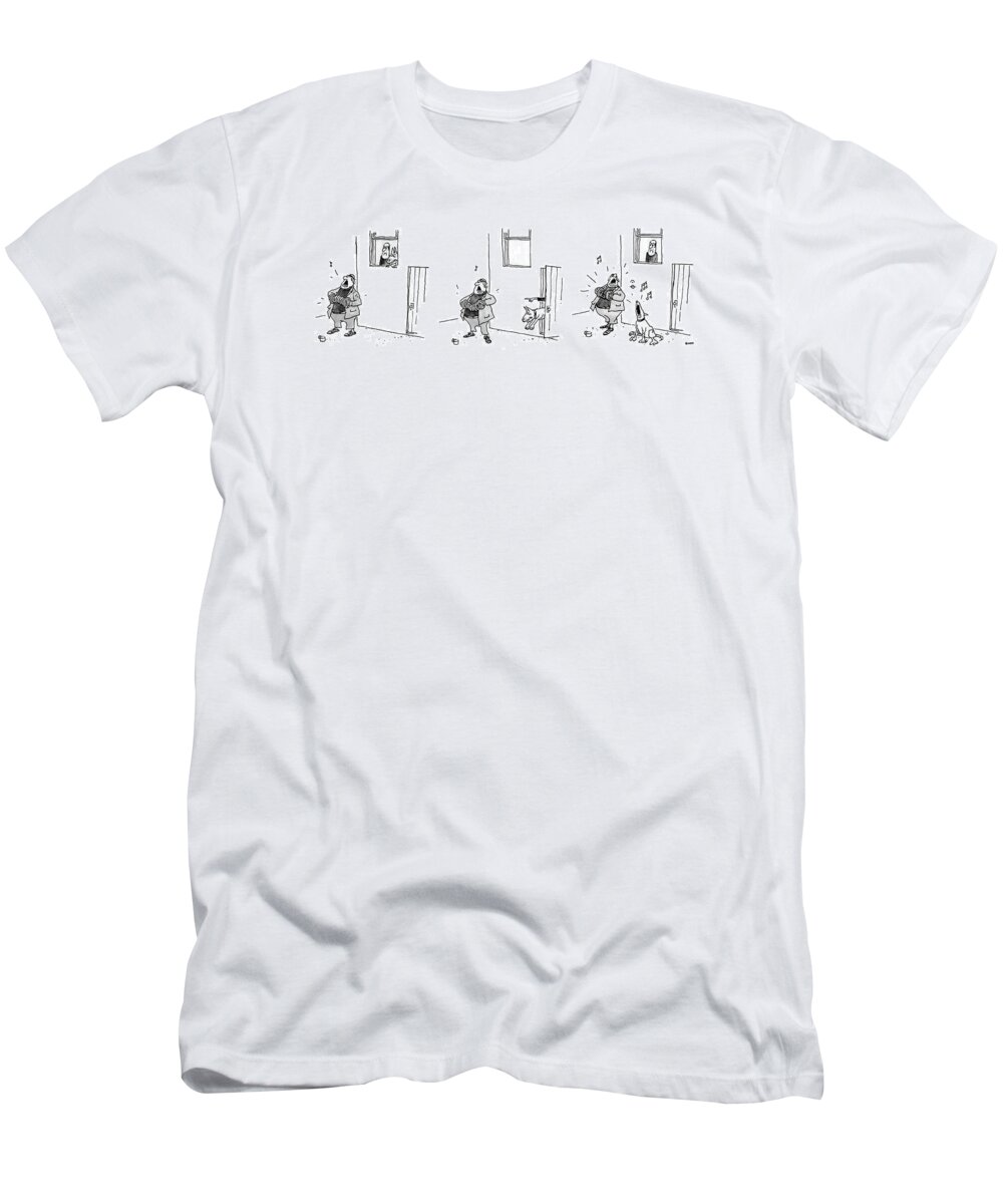(3 Drawings. A Man Plays A Accordion Beneath A Window. The Man In Window Looks Annoyed And Puts Dog Out To Scare Him Away. The Dog Ends Up Howling Along With The Musician Instead.) Urban T-Shirt featuring the drawing New Yorker August 31st, 1987 by George Booth