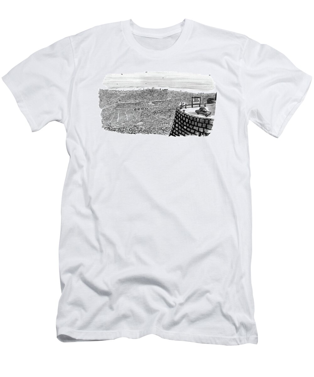 (roadside Lookout Point Has Sign Which Says 'great Urban Sprawl' And Looks Out Over Mass Of Buildings.) Urban T-Shirt featuring the drawing New Yorker July 19th, 1969 by Warren Miller