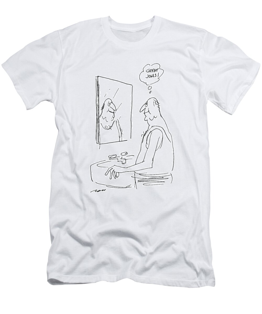 No Caption
Man Stands At The Bathroom Sink And Looks At Himself In The Mirror Mental Image Above His Head Reads T-Shirt featuring the drawing New Yorker July 25th, 1988 by Al Ross