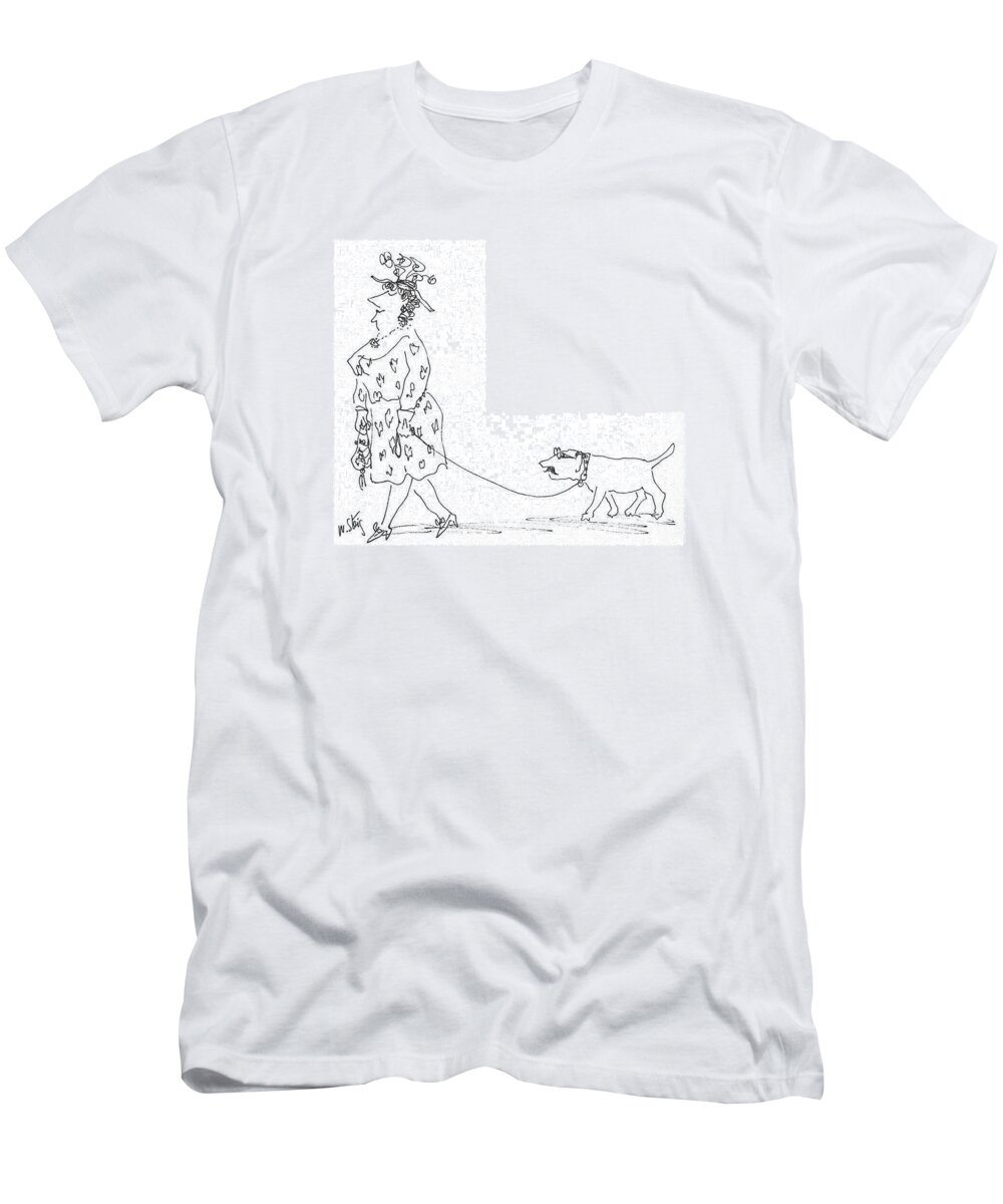 84660 Wst William Steig (smiling Woman Is Leading Dog On Leash. Dog Has Face Of Middle-aged Man T-Shirt featuring the drawing New Yorker June 21st, 1969 by William Steig