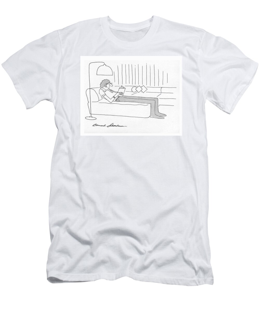 88088 Bsc Bernard Schoenbaum (a Man With Extremely Long Legs Sits Reading Across A Very Long Sofa And His Feet Touch The Floor.) Across Body Book Books Extremely Feet ?oor Furniture Height Legs Length Long Man Read Reading Sits Sofa Style Tall Touch Very T-Shirt featuring the drawing New Yorker June 4th, 1979 by Bernard Schoenbaum