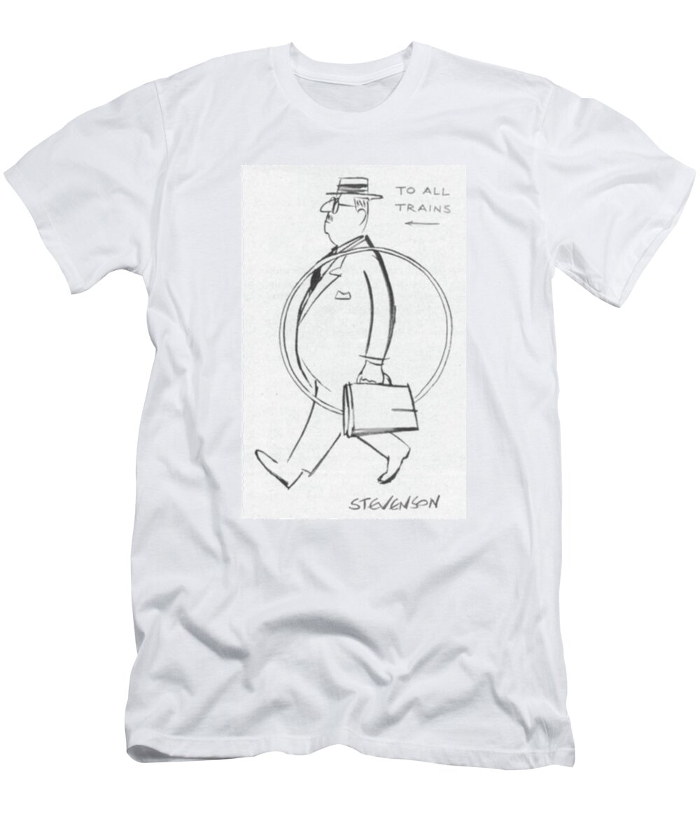 94029 Jst James Stevenson (middle Aged Commuter With Briefcase Is Carrying A Child's Hula Hoop Over His Shoulder.) Aged Briefcase Carrying Child's Commuter Games Hoop Hula Life Middle Modern Over Shoulder Toys T-Shirt featuring the drawing New Yorker September 20th, 1958 by James Stevenson