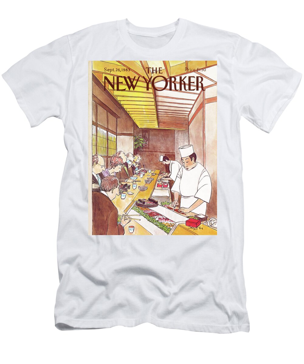 (japanese Chefs Prepare Dinners At Sushi Bar For Seated Customers.) Dining High Class Foreign Japan Sashimi Restaurants Charles Saxon Csa Artkey 46217 T-Shirt featuring the painting New Yorker September 26th, 1983 by Charles Saxon