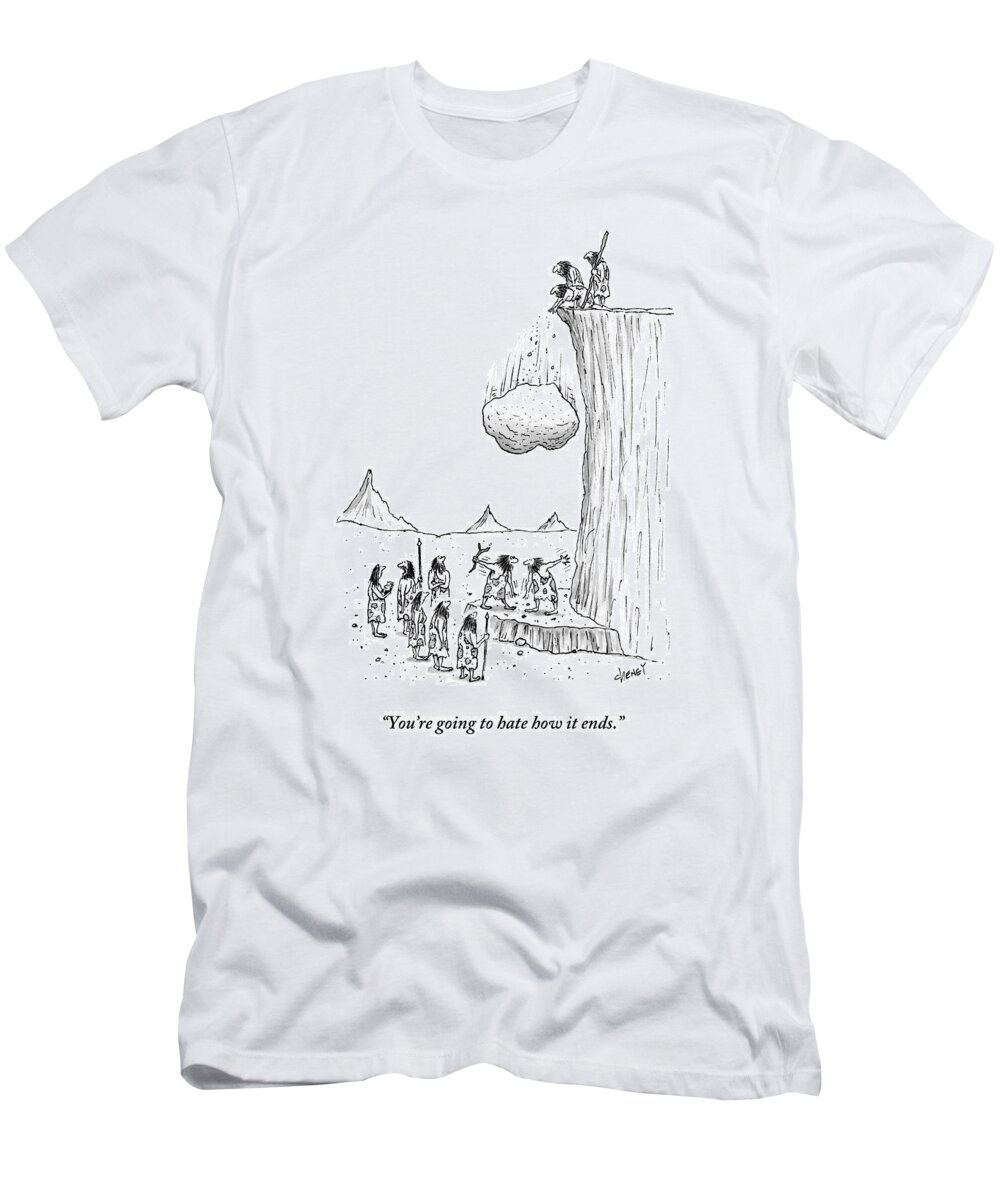 Media Id 133686 T-Shirt featuring the drawing One Caveman To Another As They Watch A Boulder by Tom Cheney