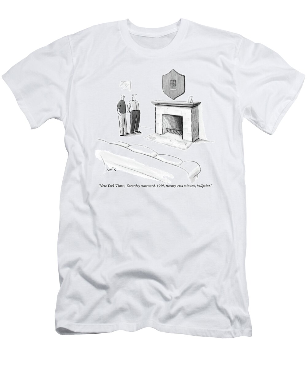 New York Times T-Shirt featuring the drawing One Man Shows Off A Framed Crossword by Julia Suits