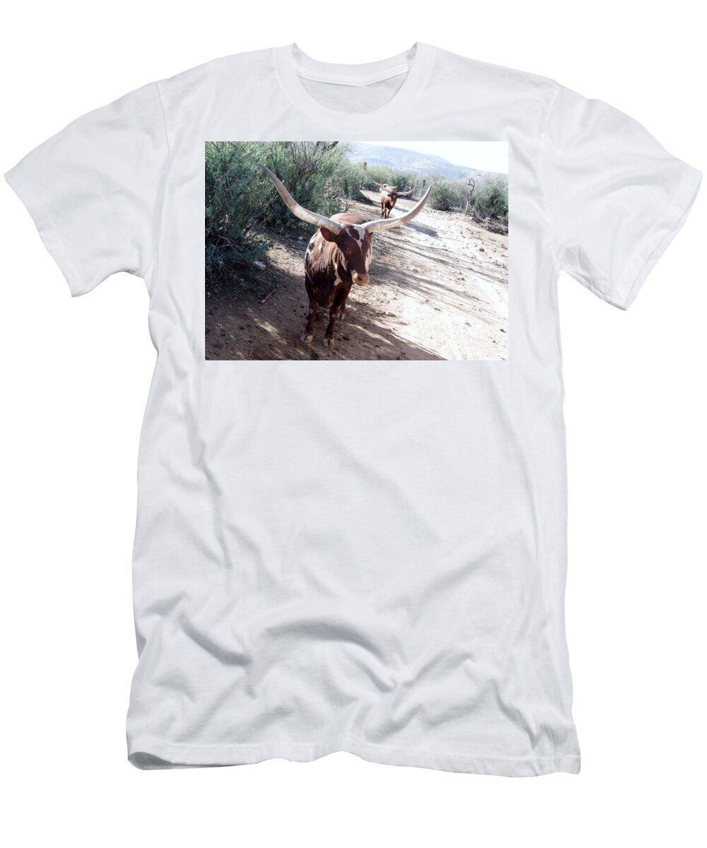 Out Of Africa T-Shirt featuring the photograph Out of Africa Long Horns by Phyllis Spoor