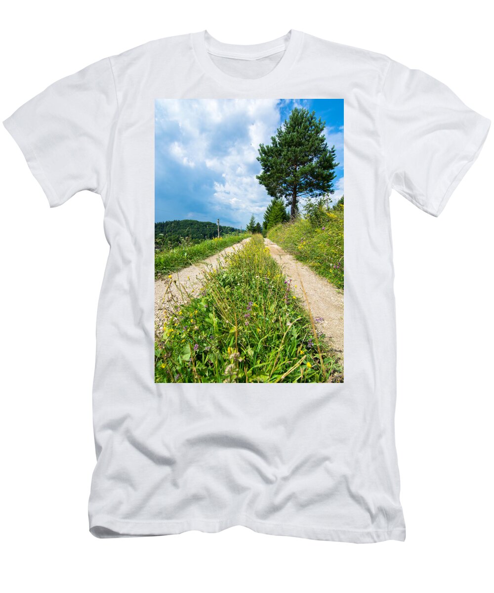 Road T-Shirt featuring the photograph Overgrown Rural Path Up a Hill by Andreas Berthold