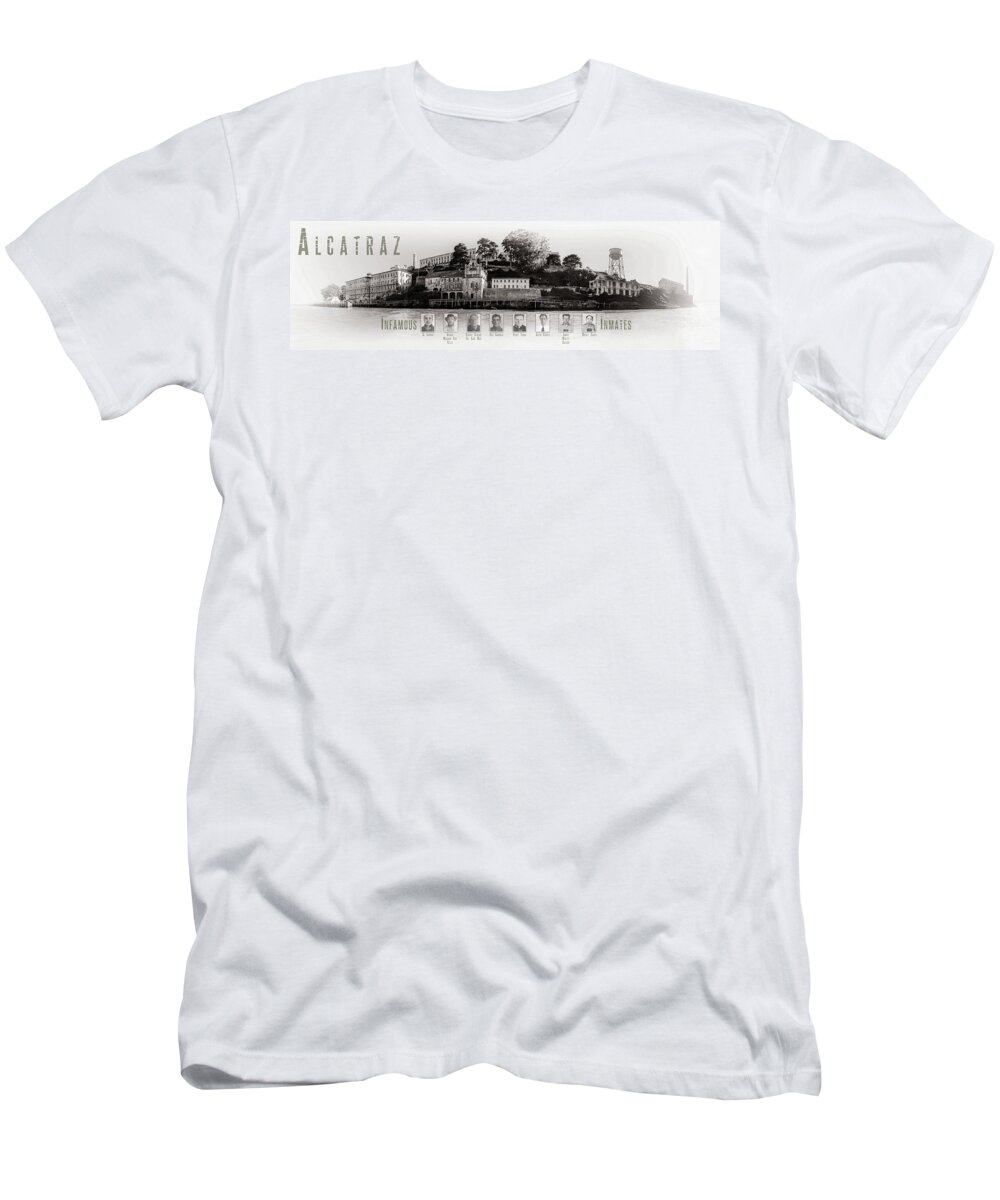 Alcatraz T-Shirt featuring the photograph Panorama Alcatraz Infamous Inmates Black and White by Scott Campbell
