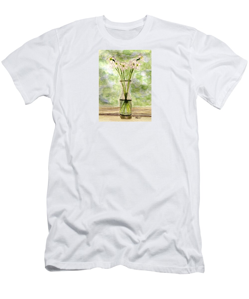 Paper White Narcissus T-Shirt featuring the painting Paper Whites in Sunlight by Angela Davies