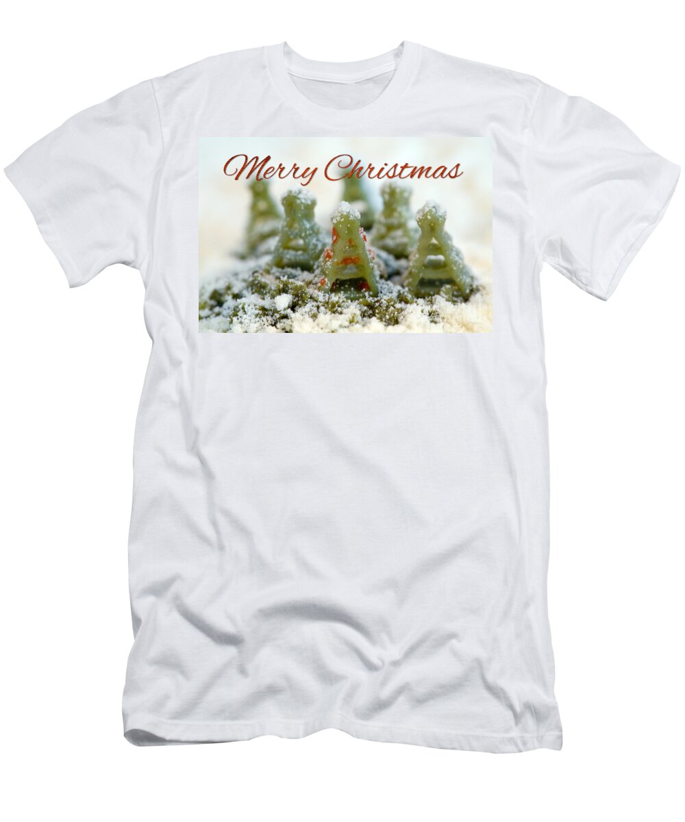 Green Pasta T-Shirt featuring the photograph Pasta Christmas Trees with Text by Iris Richardson