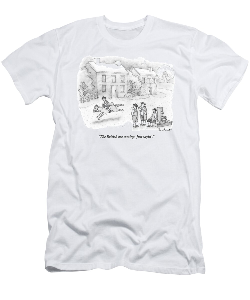 Paul Revere T-Shirt featuring the drawing Paul Revere Rides Past Two Colonial Men Smoking by David Borchart