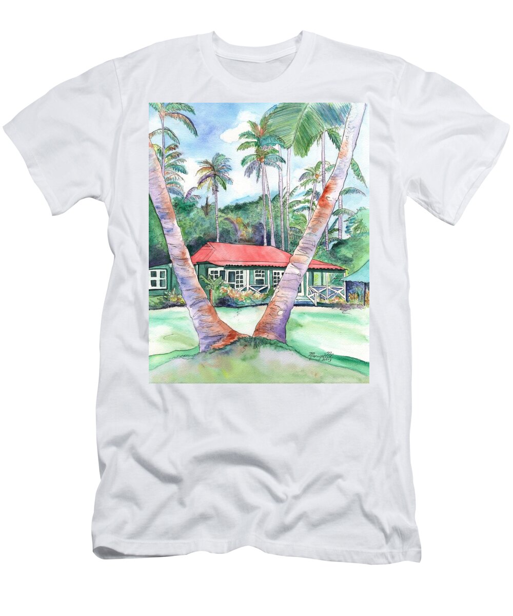 Plantation Cottage T-Shirt featuring the painting Peeking Between the Palm Trees 2 by Marionette Taboniar