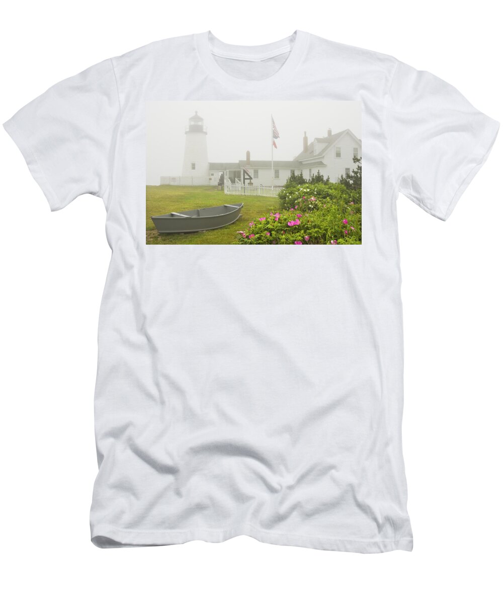 Lighthouse T-Shirt featuring the photograph Pemaquid Point Lighthouse in Fog Maine Prints by Keith Webber Jr