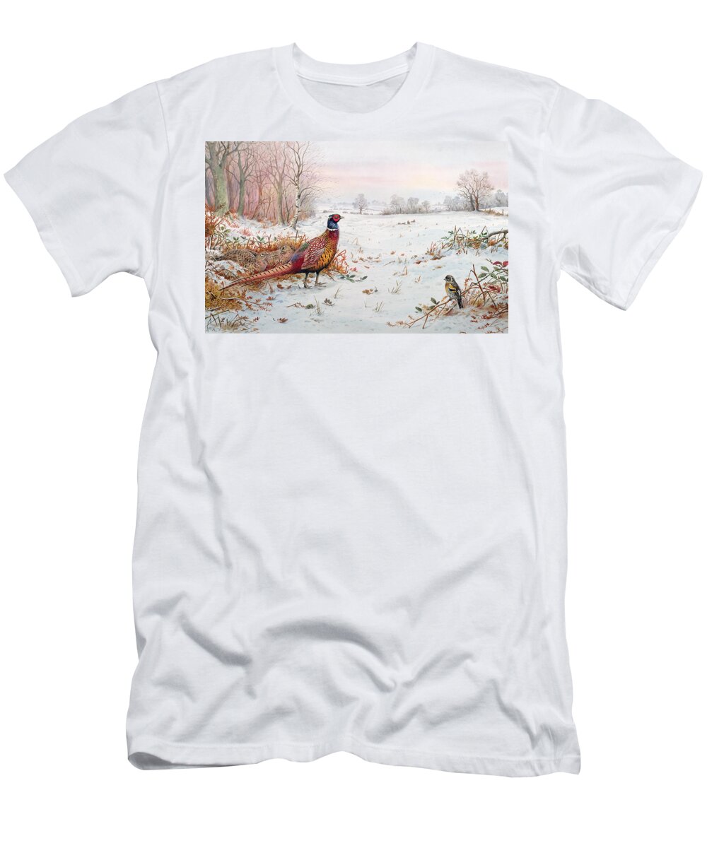 Pheasant T-Shirt featuring the painting Pheasant And Bramblefinch In The Snow by Carl Donner