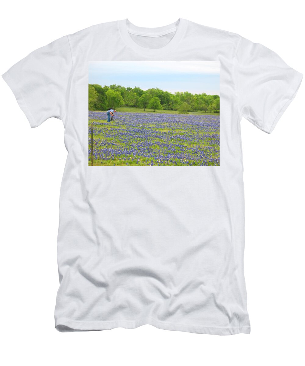 Photographing Bluebonnets T-Shirt featuring the photograph Photographing Texas Bluebonnets by Connie Fox