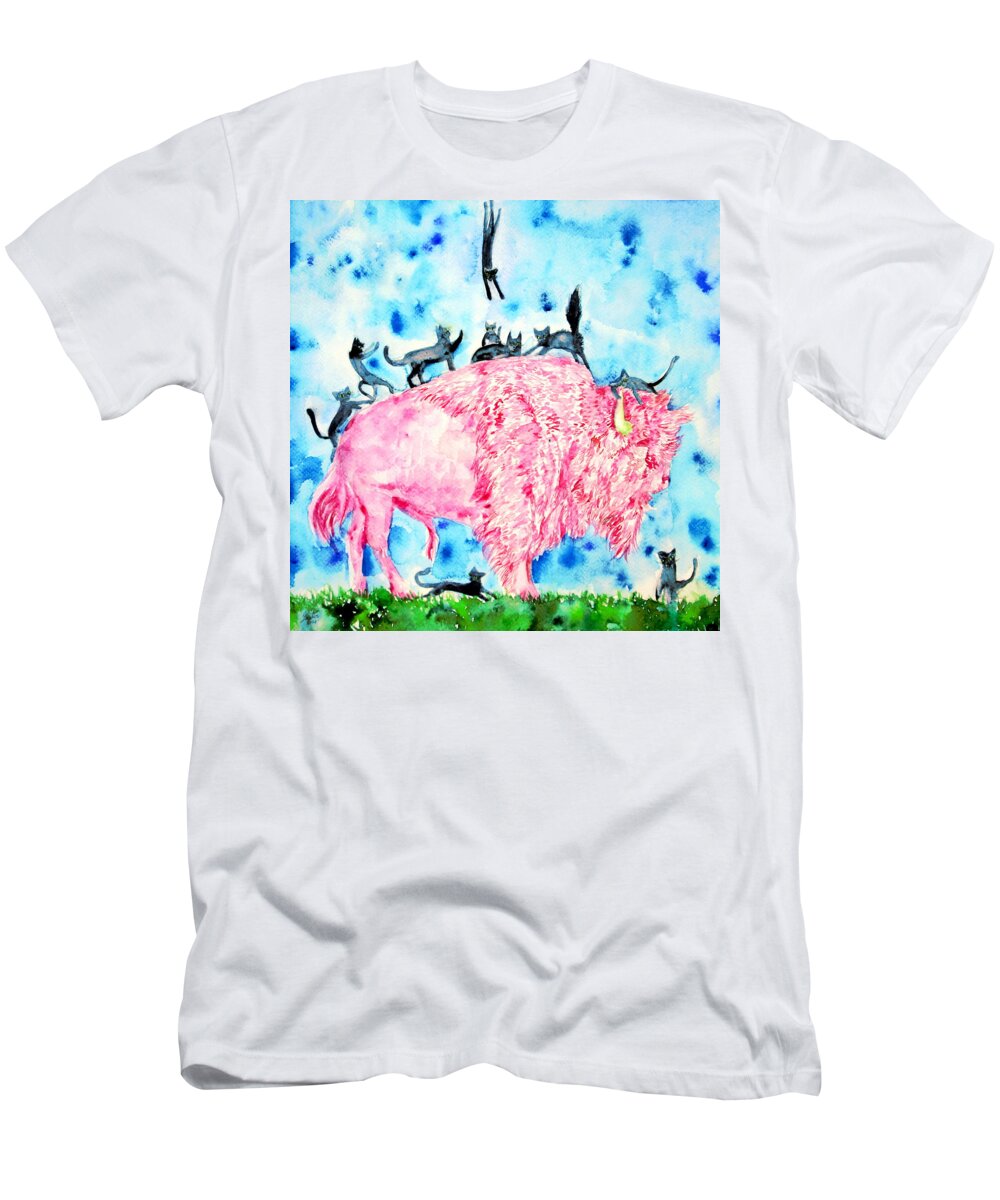 Bison T-Shirt featuring the painting PINK BISON and BLACK CATS by Fabrizio Cassetta