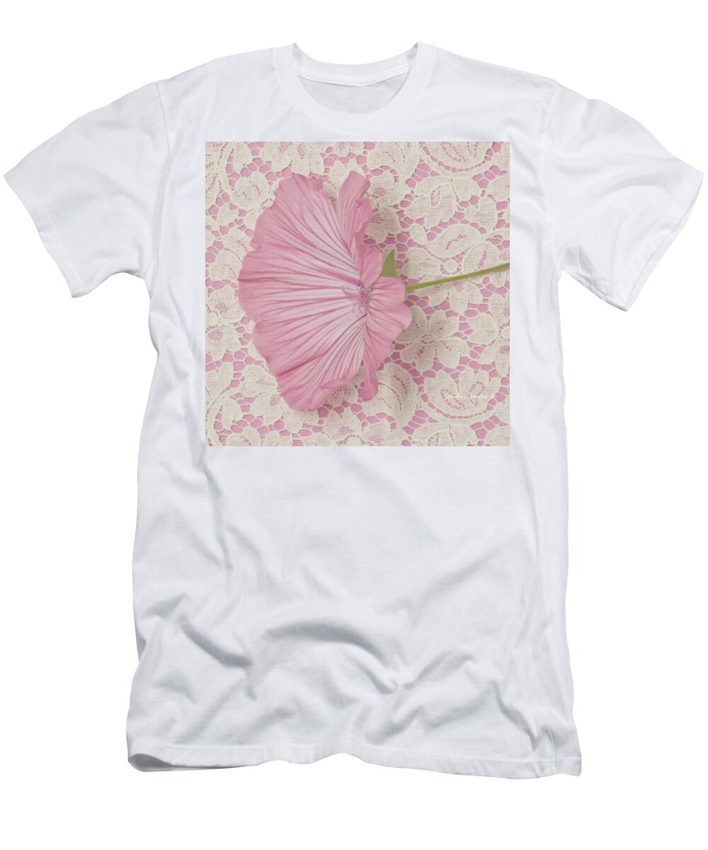 Lavatera Blossom T-Shirt featuring the photograph Pink Lavatera Blossom On Vintage Lace - Macro by Sandra Foster