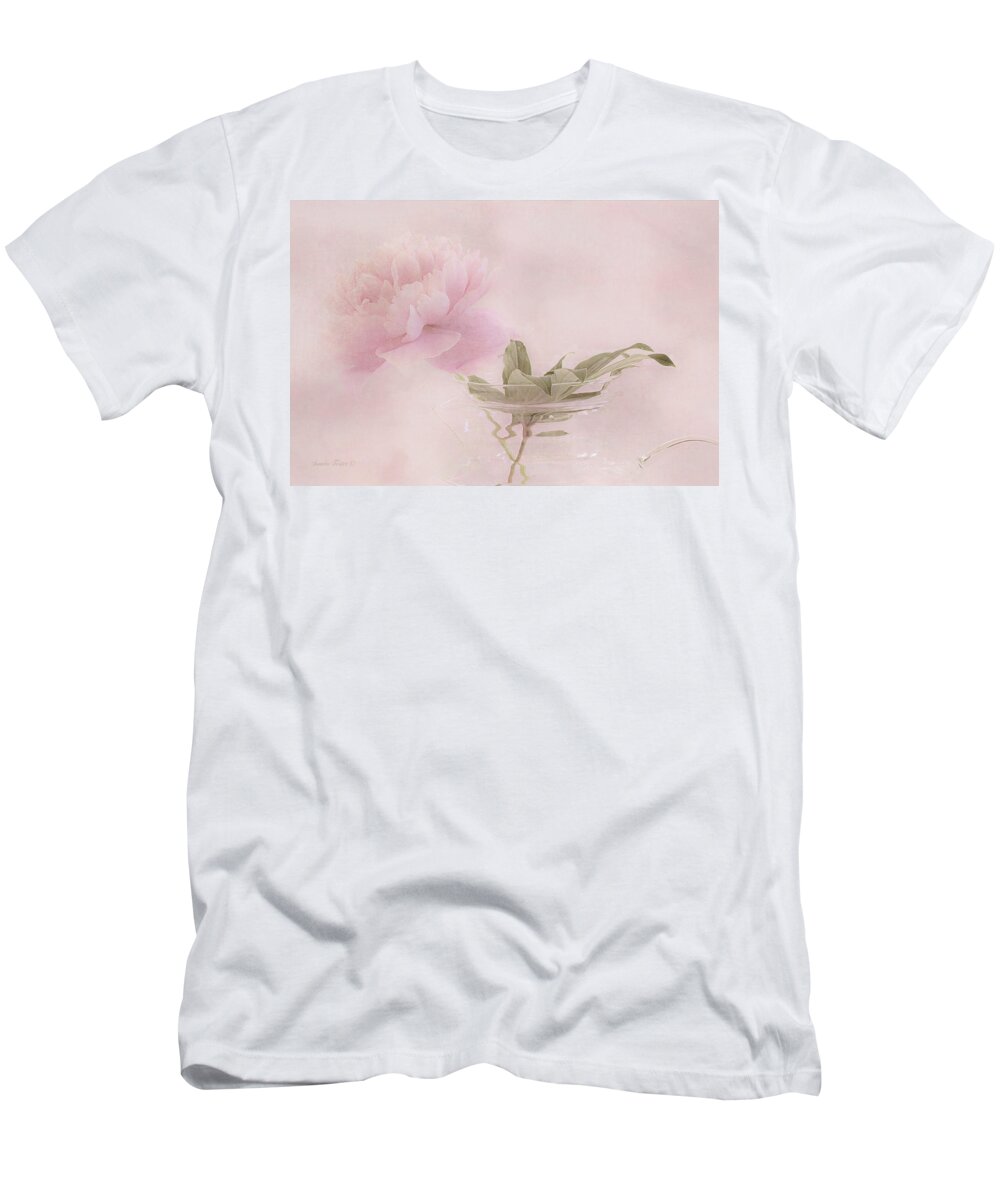 Soft Pink Peony T-Shirt featuring the photograph Pink Peony Blossom In Clear Glass Tea Pot by Sandra Foster
