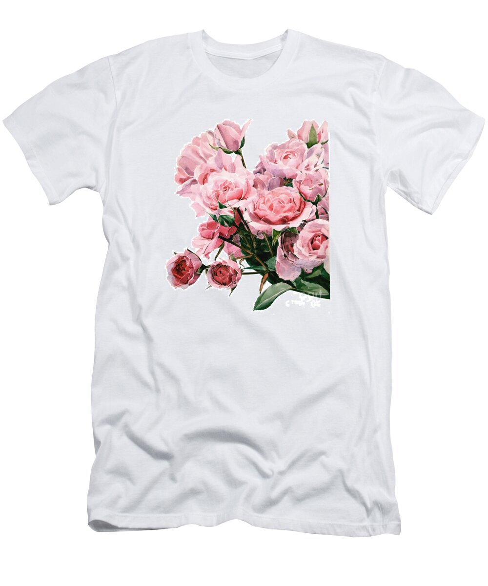 Greta Corens Artist T-Shirt featuring the painting Watercolor of a Pink Rose Bouquet by Greta Corens