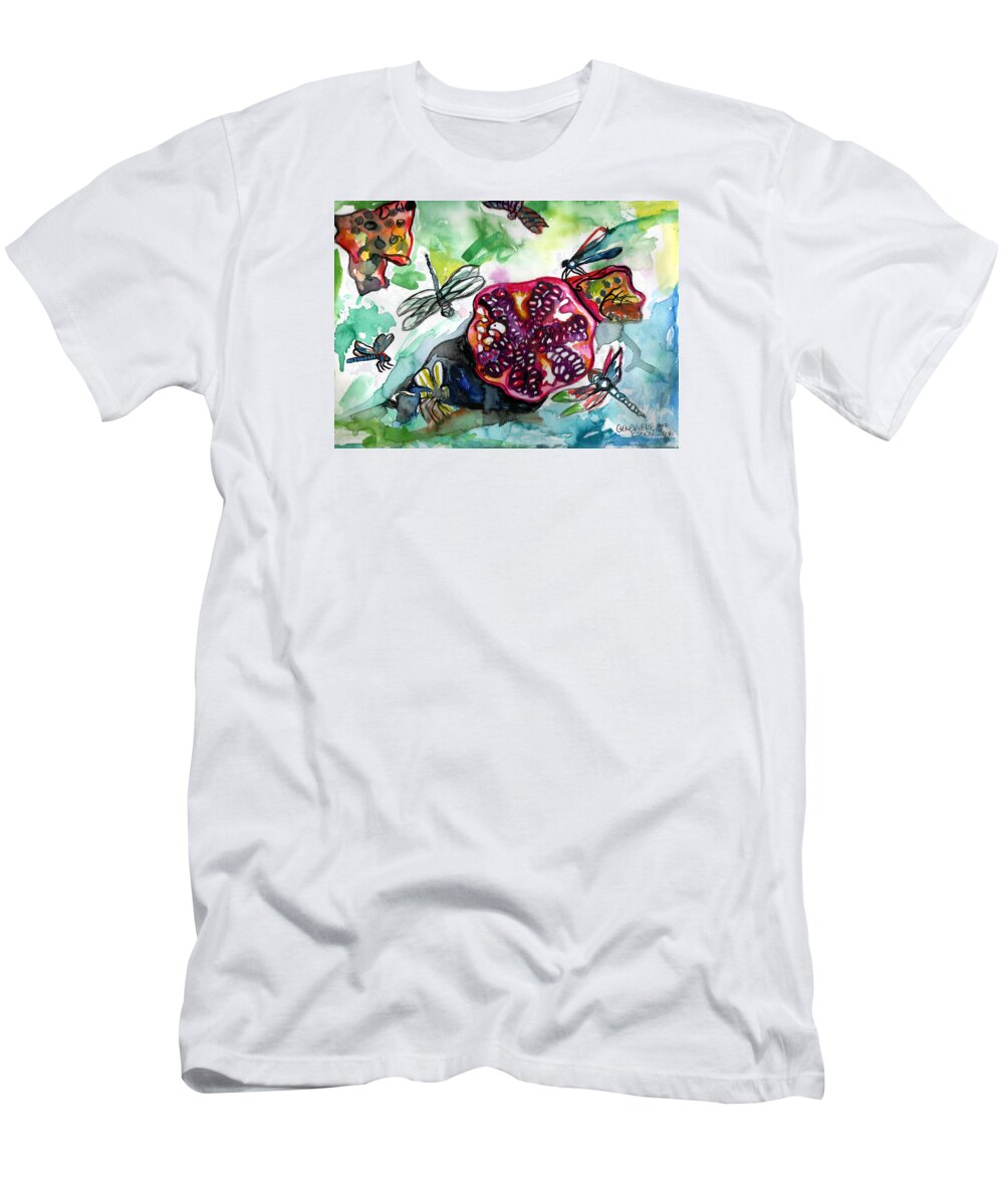 Pomegranate T-Shirt featuring the painting Pomegranate and Dragonflies by Genevieve Esson