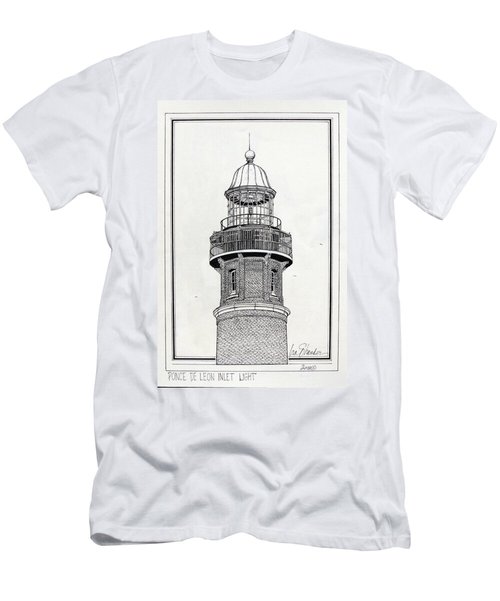 Ponce De Leon Inlet Lighthouse T-Shirt featuring the drawing Ponce De Leon Inlet Lighthouse by Ira Shander