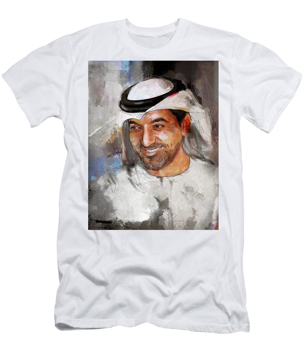 Sheikh Ahmed Bin Saeed Al Maktoum T-Shirt featuring the painting Portrait of Sheikh Ahmed bin Saeed al Maktoum 2 by Maryam Mughal