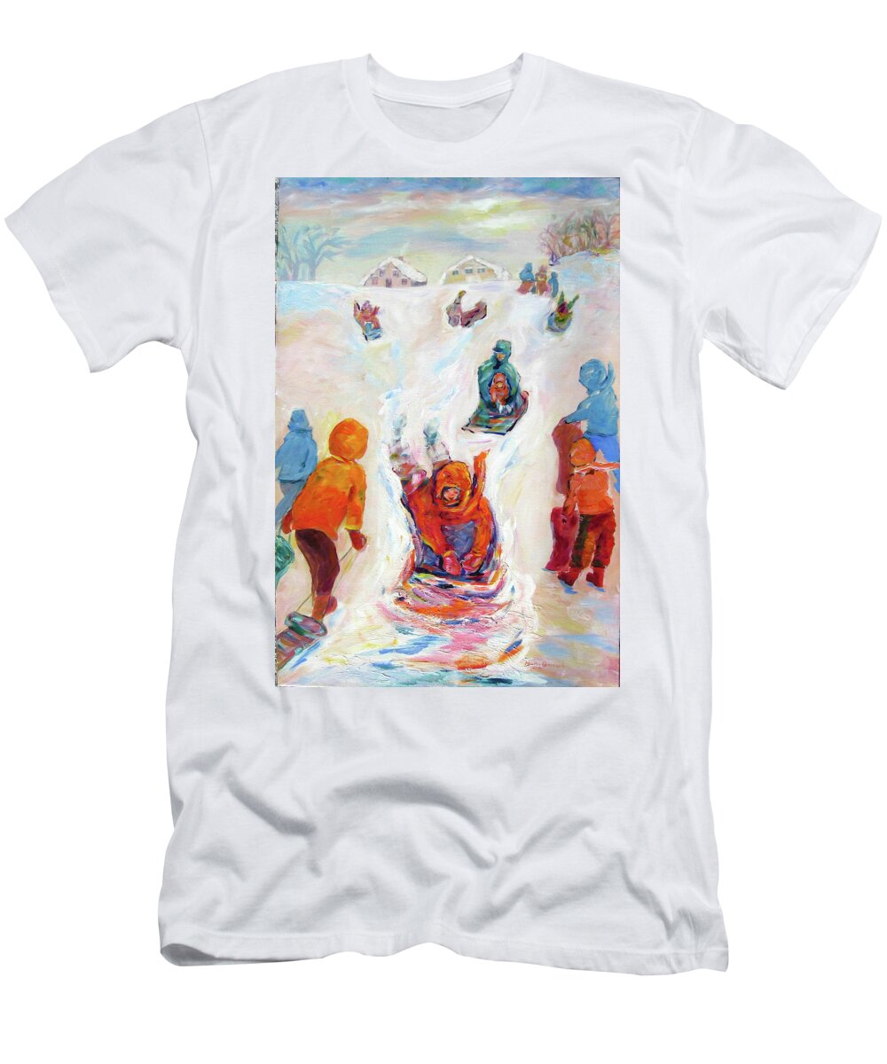 Kids Tobogganing T-Shirt featuring the painting Prairie Winter Fun by Naomi Gerrard