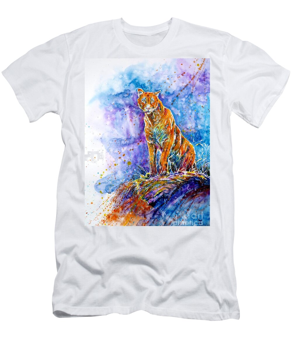 Cougar T-Shirt featuring the painting Puma. Listening to the sounds of the mountains. by Zaira Dzhaubaeva