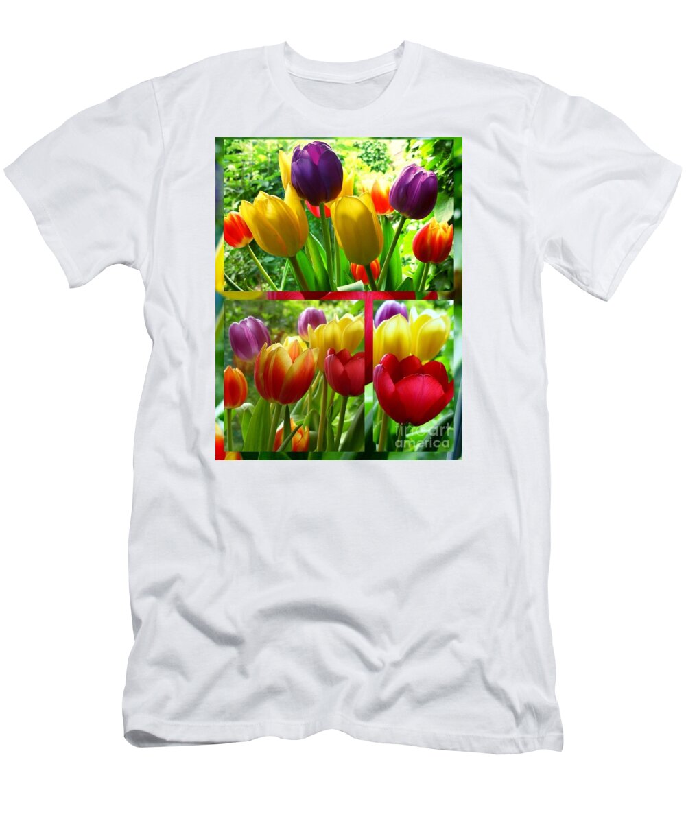 Tulips T-Shirt featuring the photograph Rainbow Tulips Collage 2 by Joan-Violet Stretch