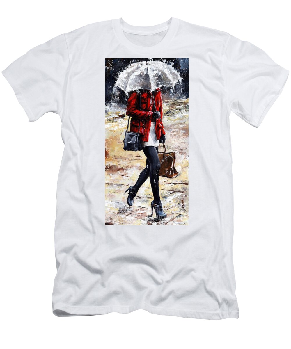 Rain T-Shirt featuring the painting Rainy day - Woman of New York 09 by Emerico Imre Toth