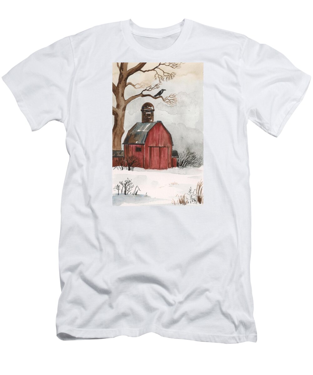 Print T-Shirt featuring the painting Raven and the Red Barn by Margaryta Yermolayeva