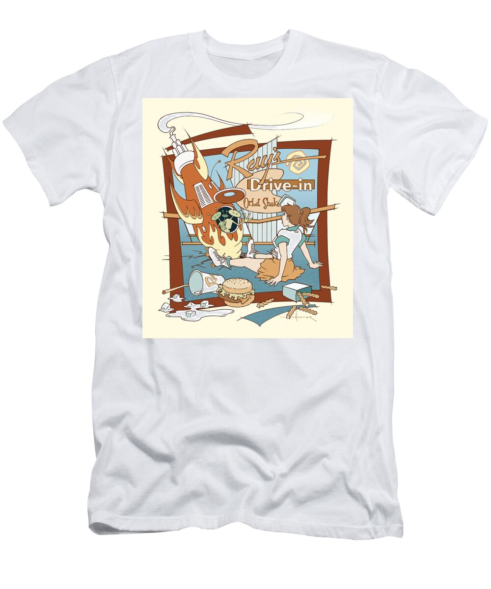 Mid Century T-Shirt featuring the drawing Ray's Drive-in - brunette sepia by Larry Hunter