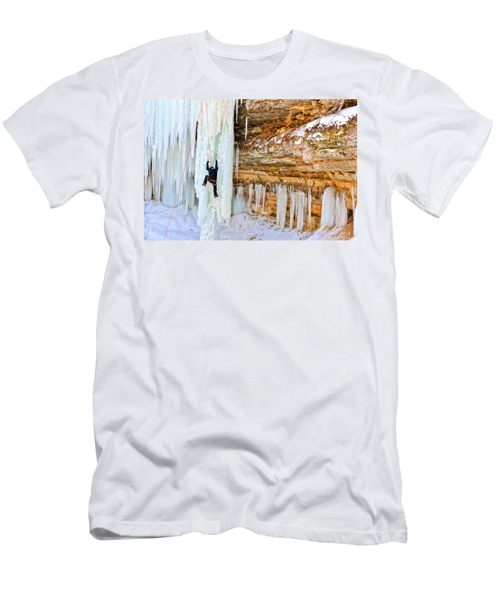 Ice Climbing T-Shirt featuring the photograph Reaching High by Kathryn Lund Johnson