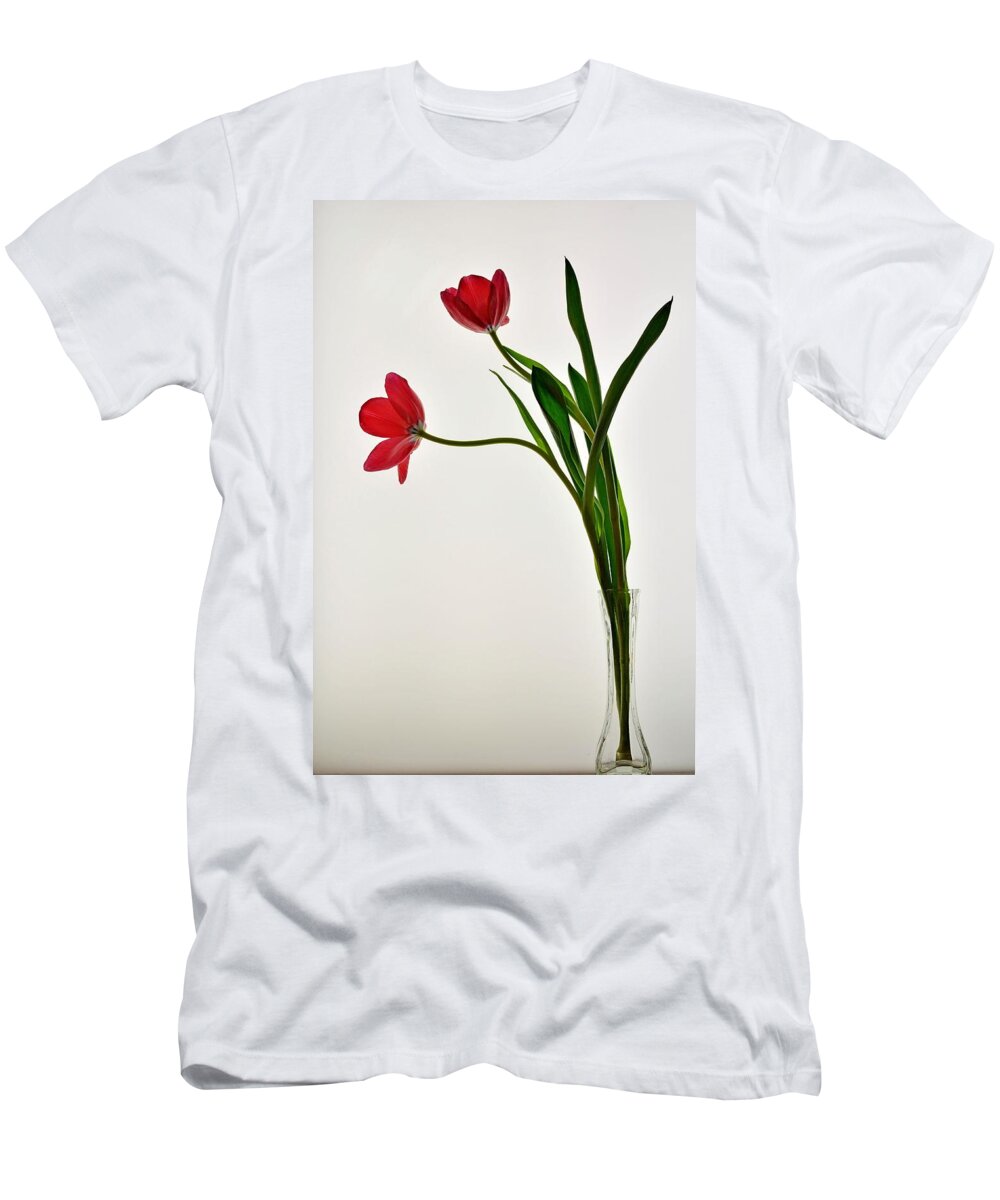 Flower T-Shirt featuring the photograph Red Flowers in Glass Vase by Phyllis Meinke