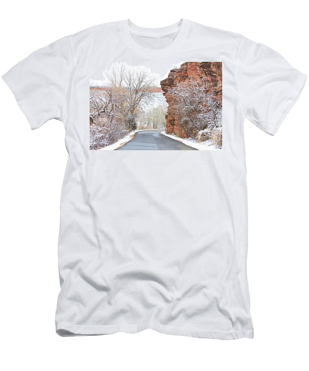 Red Rocks T-Shirt featuring the photograph Red Rocks Winter Landscape Drive by James BO Insogna