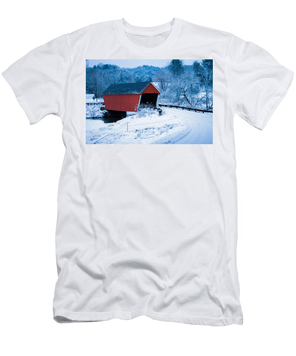 Vermont Covered Bridge T-Shirt featuring the photograph Red Vermont covered bridge by Jeff Folger