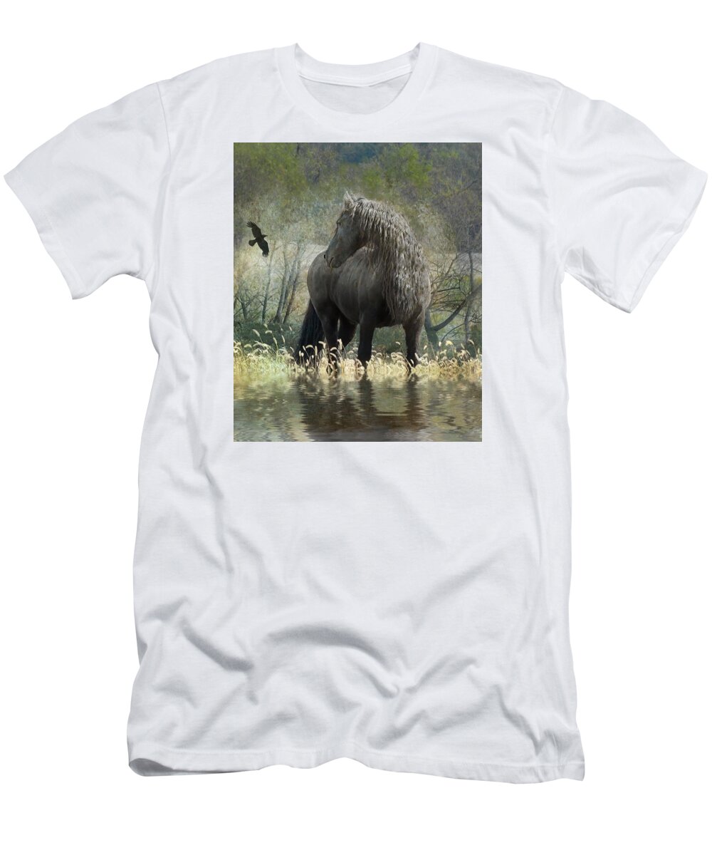 Friesian Horses T-Shirt featuring the photograph Remme and the Crow by Fran J Scott