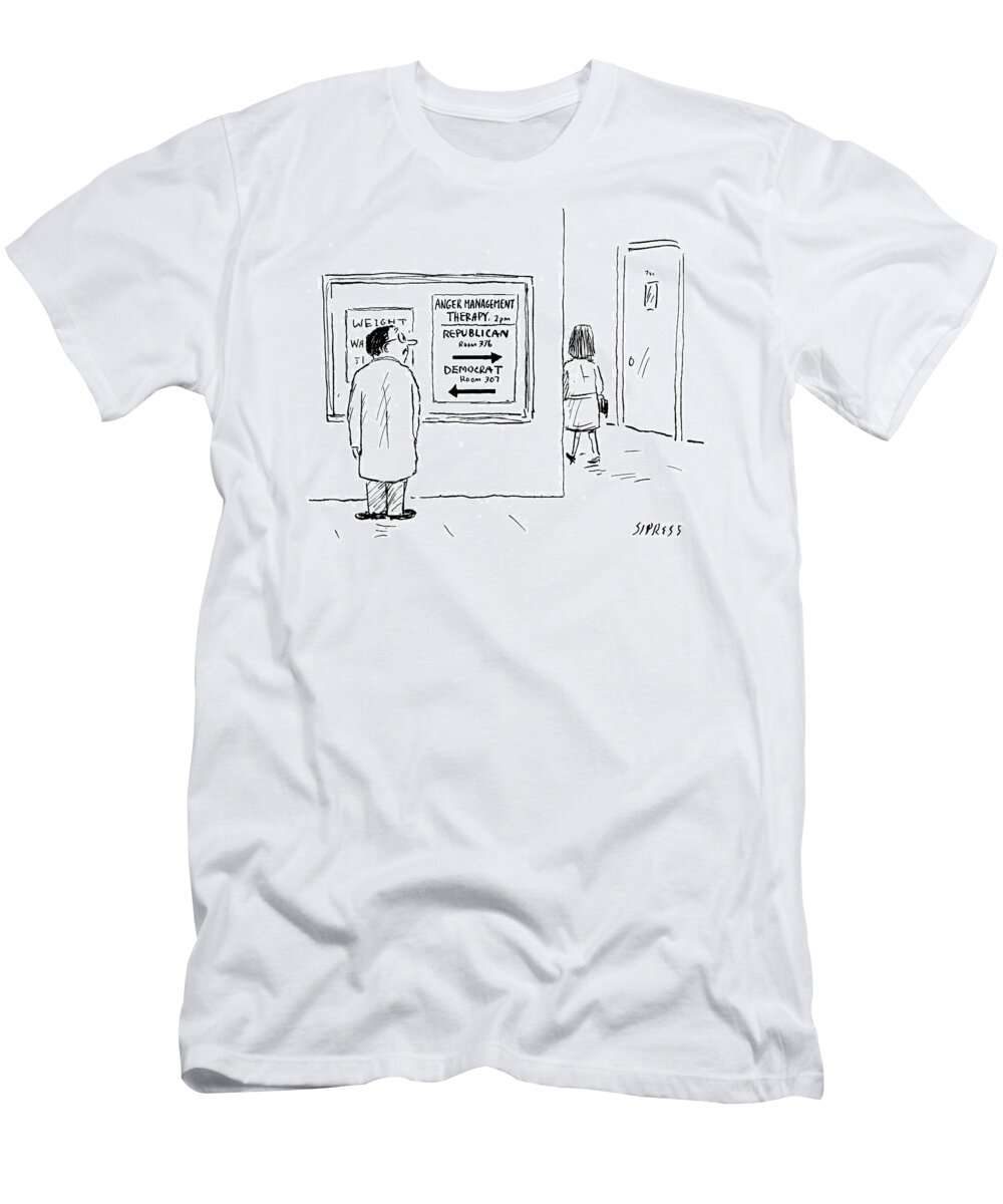 Cartoon T-Shirt featuring the drawing Republican And Democrat Anger Management Therapy by David Sipress