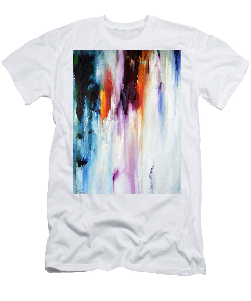 Abstract Colors Vibrant Soothing Turquoise Fuchsia Orange Red Ultramarine T-Shirt featuring the painting Resta del Giorno IV by Brenda Salamone