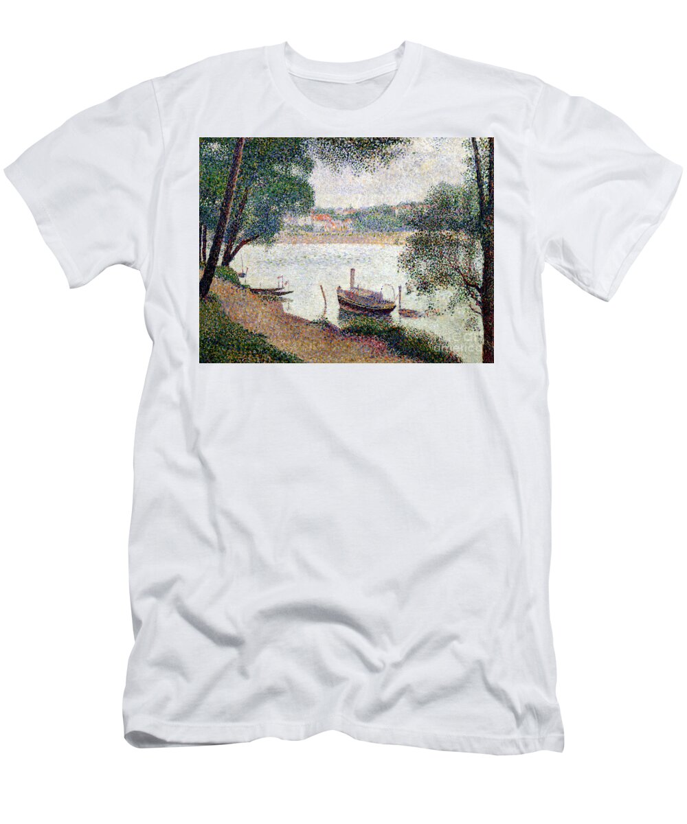 Seurat T-Shirt featuring the painting River Landscape with a boat, Seurat, Georges Pierre by Georges Pierre Seurat